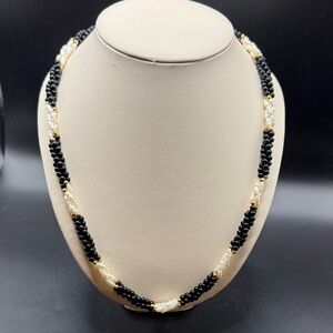 Vintage Real Rice Pearl onyx Beaded Torsade Necklace Black White Classic 24"